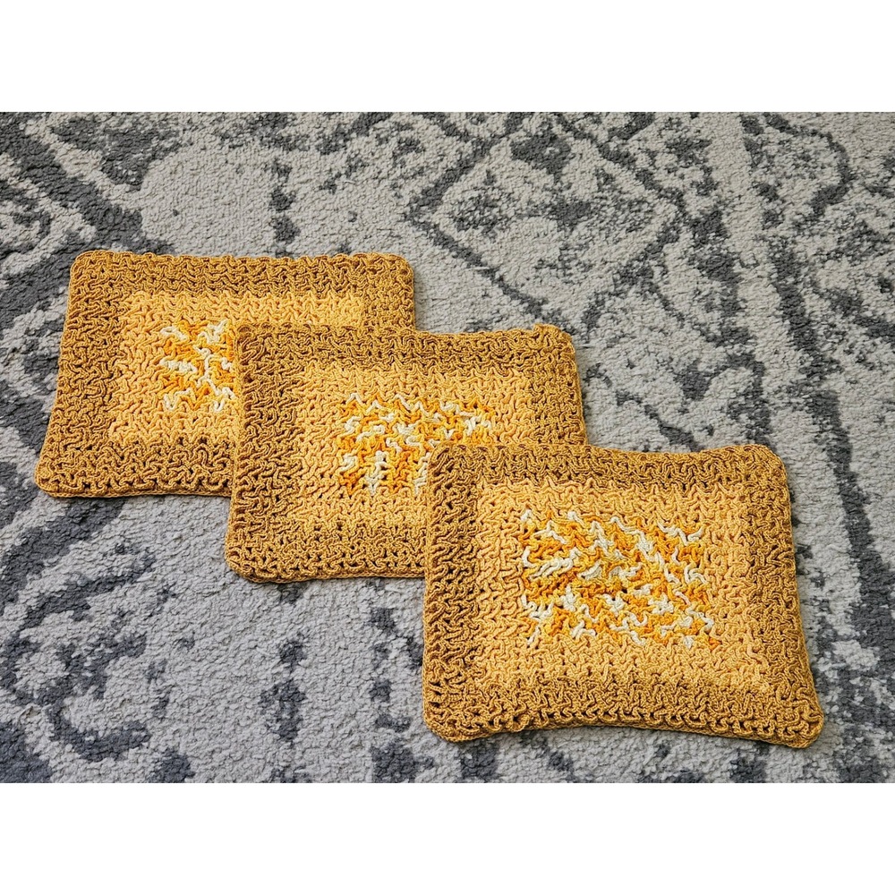 Vintage 1970s Handmade Crochet Potholders Set of 3 Yellow Gold Retro Hot Pads